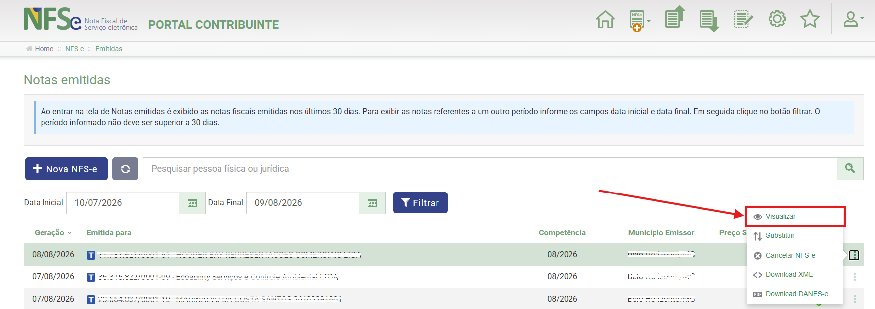 Menu da nota emitida: clique em Visualizar